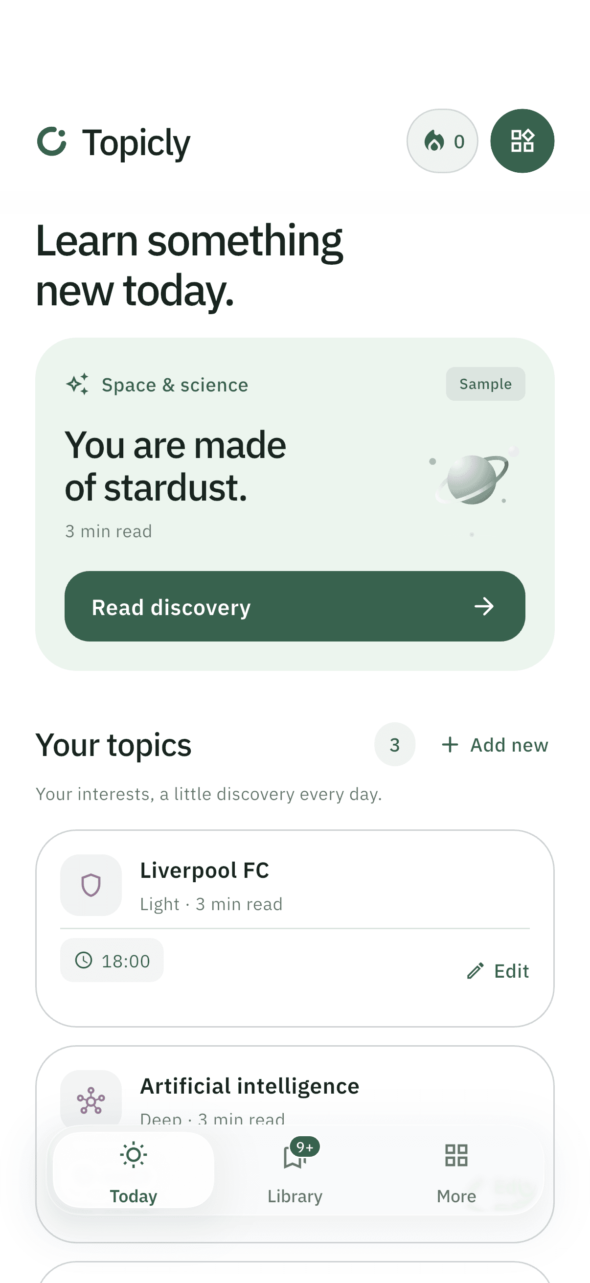 Topicly Today screen with today's discovery