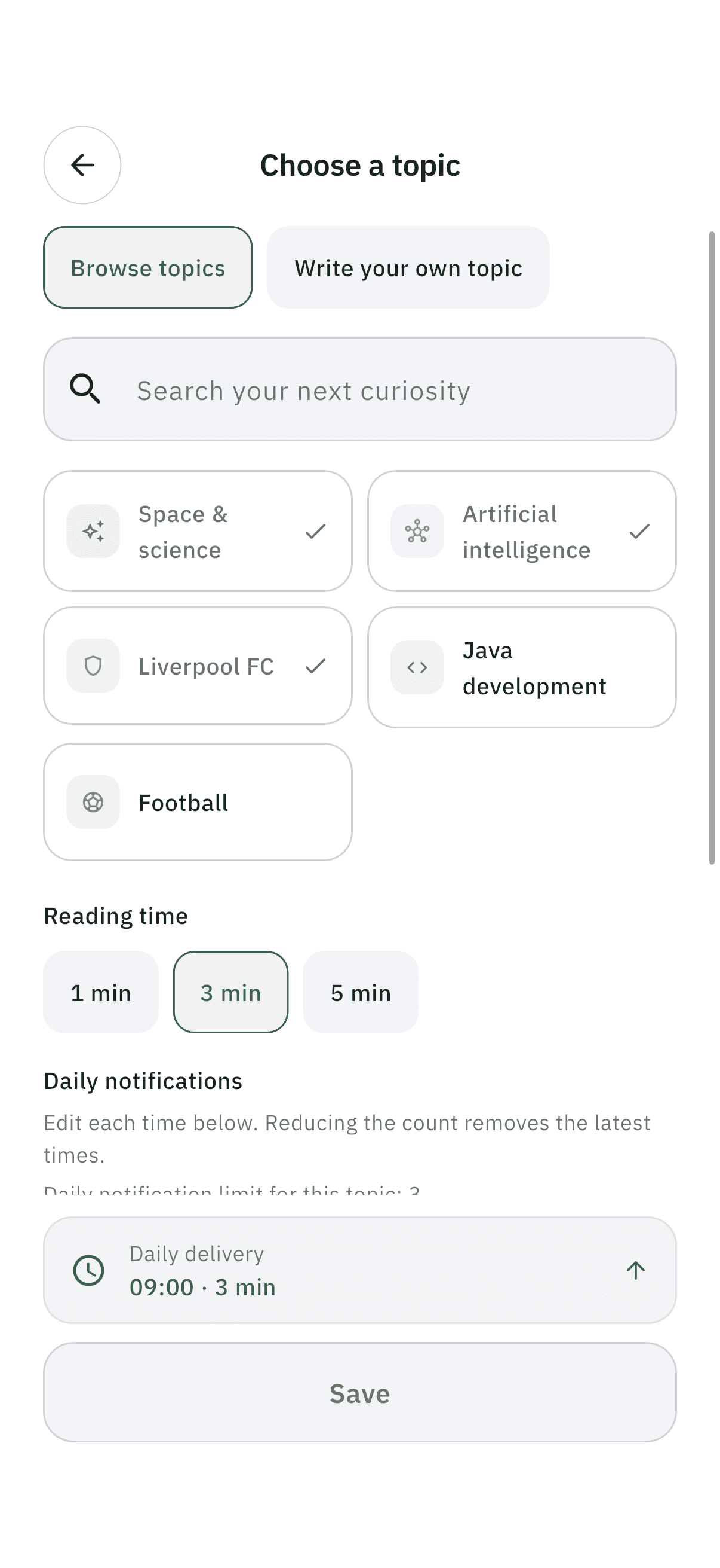 A Your own topic discovery in the Topicly app